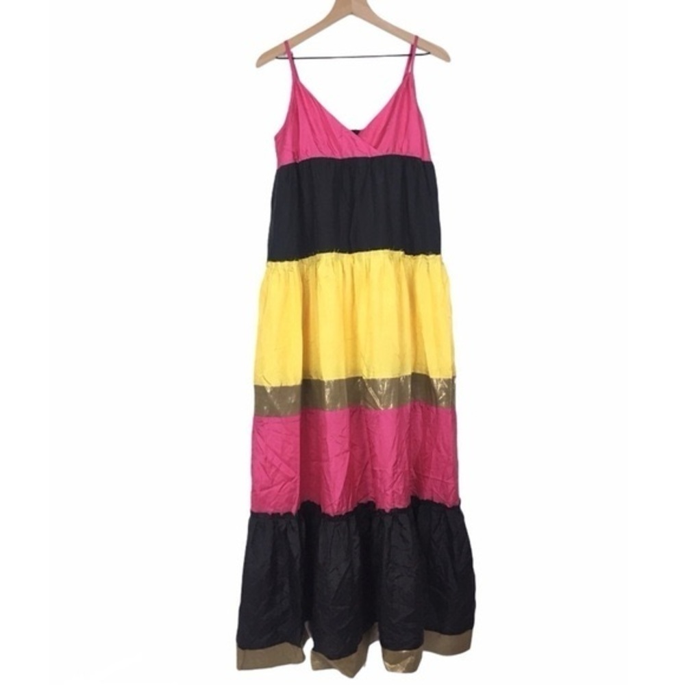 BB Dakota Silk Colorblock Maxi Dress Pink Black Yellow Size Small NWT
